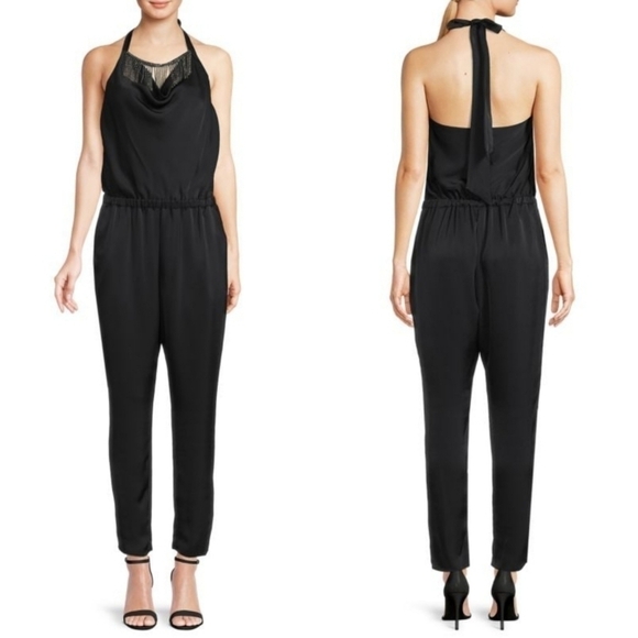 New Ramy Brook Victoria Halter Back Tie Jewel Adorned Fringe Black Jumpsuit XS - Picture 5 of 8